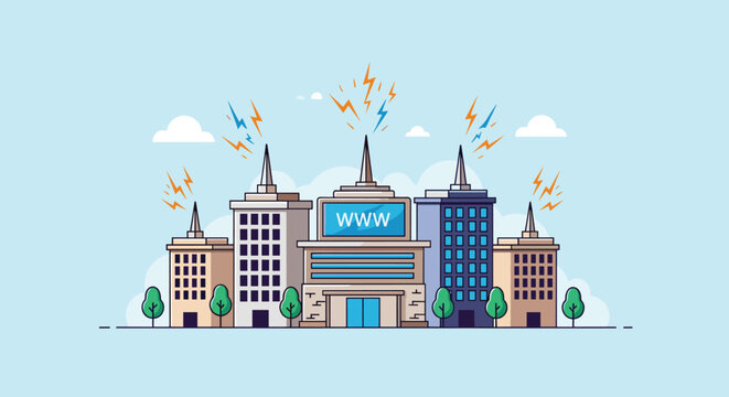 Cluster of city buildings with one labeled WWW featuring antennas with glowing yellow and blue lightning bolts on a blue background.