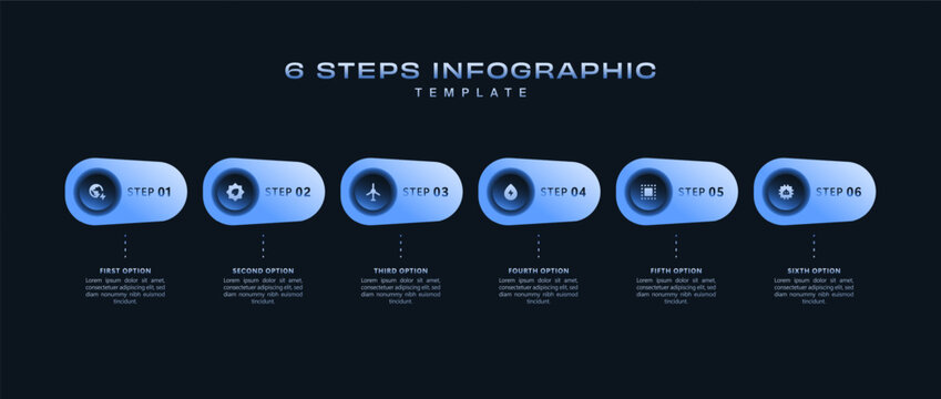 Modern 6 step infographic design with blue gradient neon elements, futuristic workflow presentation, digital business process chart, technology vector template presentations. Modern style pack pro.