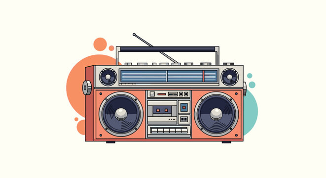 Colorful retro boombox featuring large speakers, a cassette deck, and multiple knobs against a background of orange and blue circles.