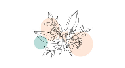 Obraz premium Artistic floral sketch of delicate cherry blossom branches with leaves overlaid on soft pastel colored circles for a clean and elegant botanical design.