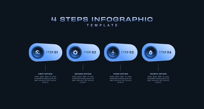 Minimal 4 step infographic template with futuristic blue glow, digital workflow presentation, modern business process visualization, clean technology vector diagram layout Modern style pack pro.