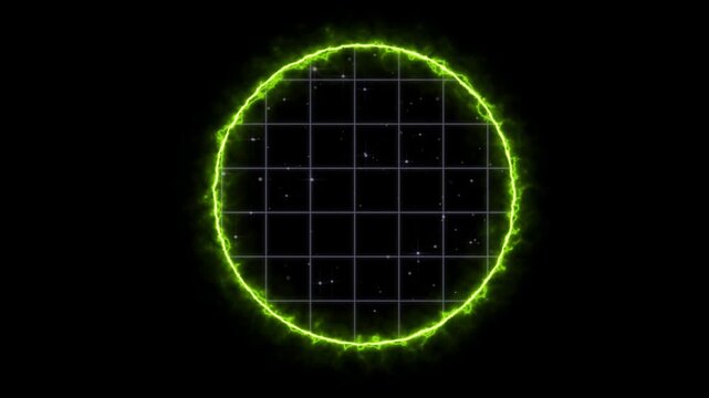 Glowing green energy ring pulsing with electrical sparks over a digital grid pattern in this seamless motion loop footage