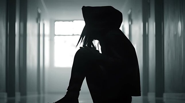 Silhouette of a lonely person sitting in a dark hallway, feeling isolated and sad.