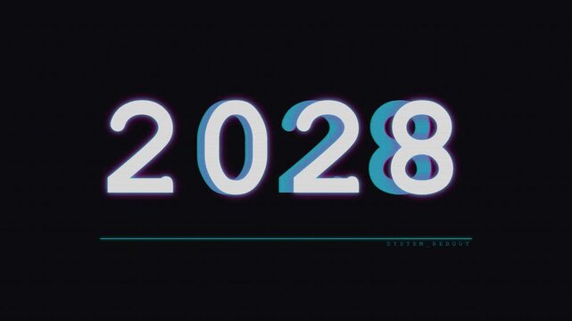Futuristic 2028 Year Number Text Animation with Glitch Effect on Black Background