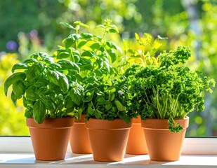 Fototapeta premium Fresh Herbs Growing in Pots on a Sunny Windowsill.