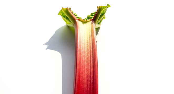 Close-up of a vibrant red rhubarb stalk isolated on a white background