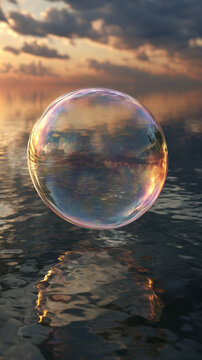 Transparent Soap Bubble Floating Above Calm Ocean at Sunset Symbolizing Serenity and Balance