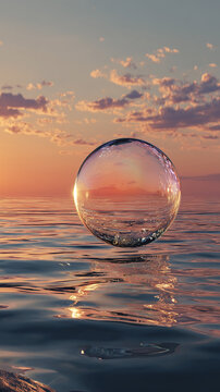Transparent Soap Bubble Floating Above Calm Ocean at Sunset Symbolizing Serenity and Balance