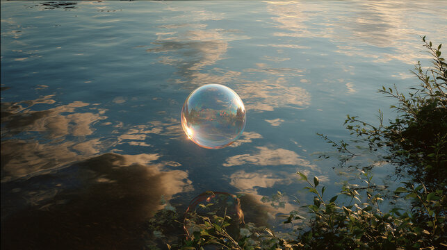 Transparent Soap Bubble Floating Above Calm Ocean at Sunset Symbolizing Serenity and Balance