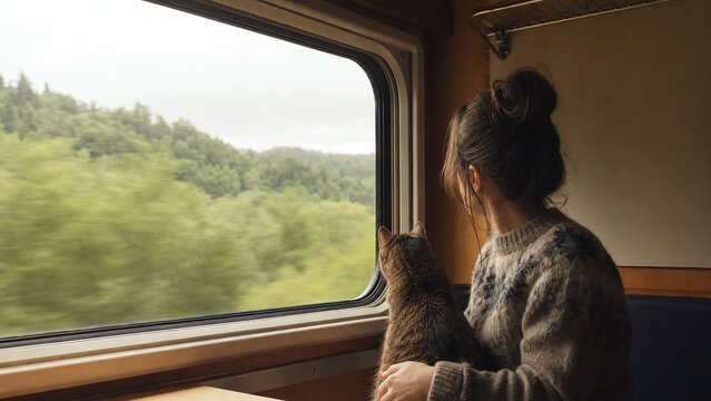 A traveler enjoys a scenic train ride while holding a cat, experiencing nature's beauty through the window.