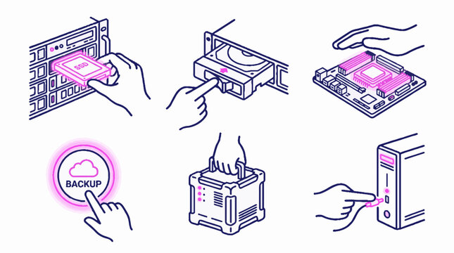 Set of computer hardware and data storage icons with hands interacting with server components and cloud backup interface in a minimalist line art style