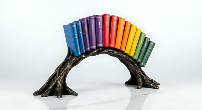 Row of colorful books on a decorative tree branch shaped bookend with bookshelf, education