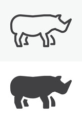 Obraz premium Rhino icon set with line outline and solid versions. Editable stroke vector icon, rhinoceros sign and symbol in different style. Rhino icon for safari wildlife themes.