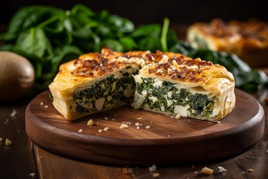 Spanakopita, a savory greek spinach and feta cheese pie, baked with phyllo dough