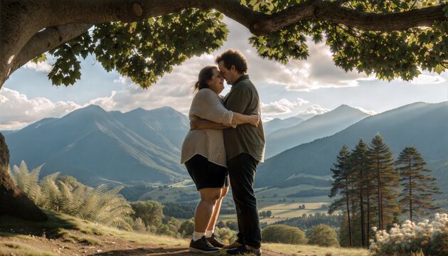 Side view of a happy plus-size couple embracing and hugging affectionately under a large tree with a scenic mountain valley background