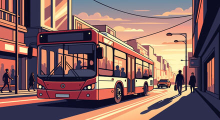 City bus in motion on a street in a bustling urban environment with pedestrians © Manok Mas