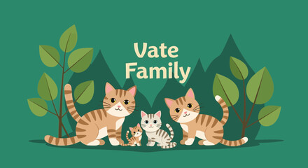 Cute Cartoon Cat Family Illustration with Trees © Yusuf Alfarizi Naufa