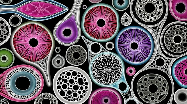 Colorful abstract organic pattern of circular and teardrop shaped forms with intricate network details against black background creating modern micro biology inspired art
