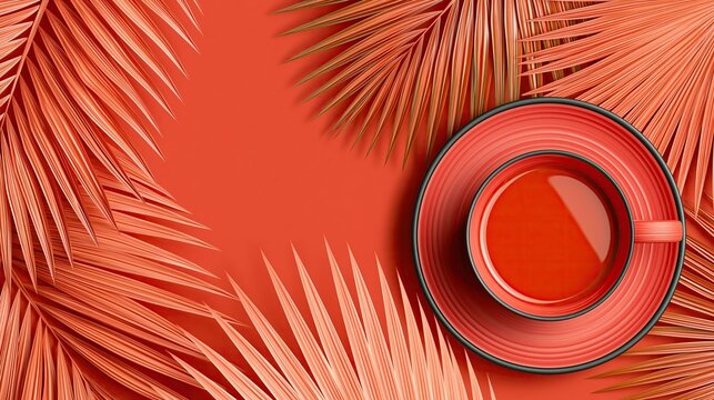 Red coffee cup on matching saucer framed by red palm leaves against solid red background with empty copy space for text or design
