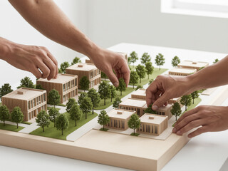 Fototapeta premium Meticulous hands collaboratively craft an intricate architectural model, visualizing a future urban landscape with precision and strategic development