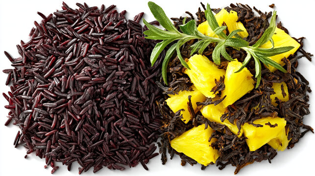 Healthy black rice dish with pineapple chunks and fresh green herbs, vegan meal