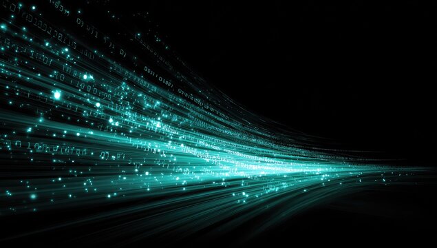 Teal glowing digital streams of data flow across black background with sparks