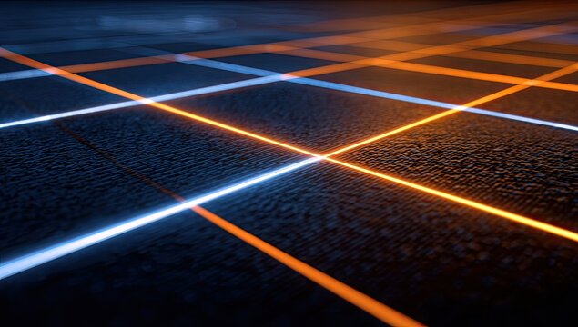 Abstract grid of glowing orange and blue lines on dark textured surface