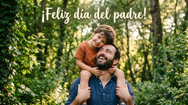 Feliz dia del padre. Feliz dia del padre father carrying smiling son on shoulders in forest.  Happy Father's Day in Spanish.
