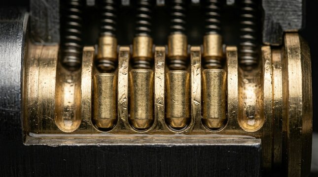 Closeup of lock components. An upclose detailed macro photograph revealing lock pins and metal textures