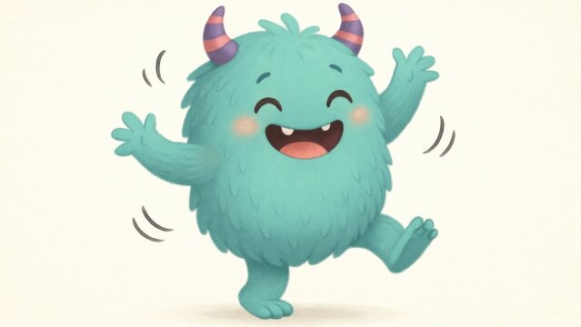 Playful furry monster dancing joyfully.