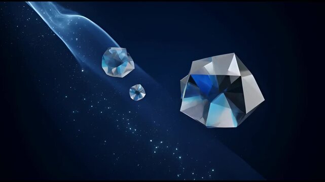 Floating geometric glass crystals shimmering within flowing blue energy waves and ethereal starlight particles in space