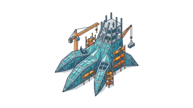 Futuristic spaceship construction with cranes on white background.