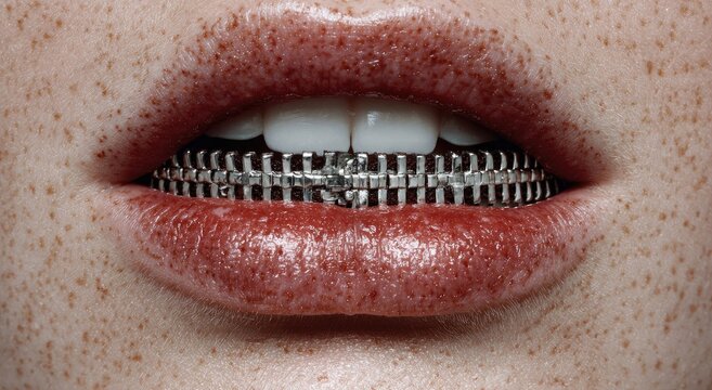 Close-up of lips with a metal zipper across the teeth, framed by freckled skin