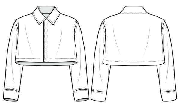 Women's Cropped Shirt Blouse top flat sketch fashion illustration drawing, Long sleeve shirt for girls and ladies template mock up