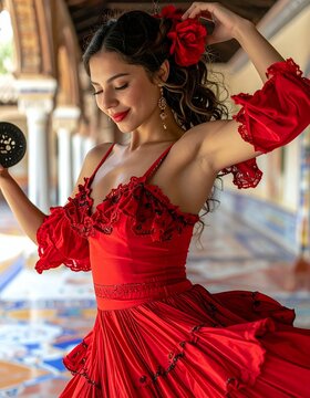 Beautiful Spanish Woman in Traditional Red Flamenco Dress Dancing Gracefully.