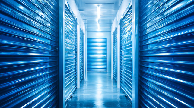 Narrow corridor of a modern storage facility with rows of blue metal roll-up doors