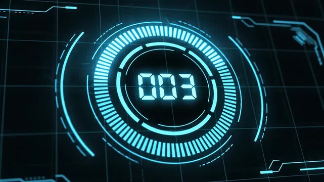 Futuristic glowing blue digital countdown timer featuring circular interface elements for cinematic movie start sequences