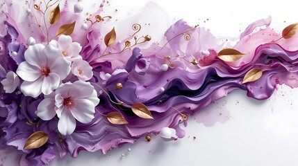 Obraz premium Elegant abstract background with white cherry blossom flowers, flowing purple silk paint waves and decorative golden leaves for wedding or luxury design