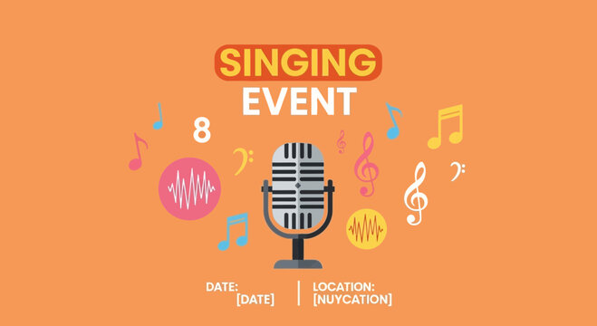 Singing Event Announcement Poster with Vintage Microphone and Musical Notes