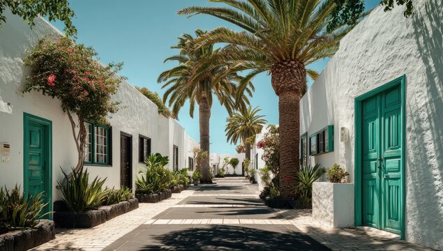 Sunlit, narrow path lined with white buildings, vibrant green doors, lush palms
