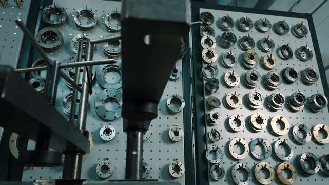 Organized industrial workshop wall displaying precision metal flanges, rings, and machining fixtures beside a press, highlighting tooling storage and inventory management