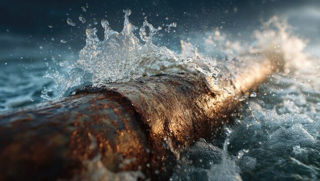 Rusted pipe submerged in turbulent ocean waves, sunlight glinting off water