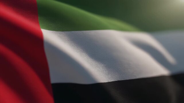 Close-up of the United Arab Emirates flag waving with its distinct red green white and black horizontal and vertical stripes