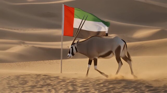 Arabian oryx walking toward United Arab Emirates flag in desert. National animal sequence with emblem in sandy dunes landscape.