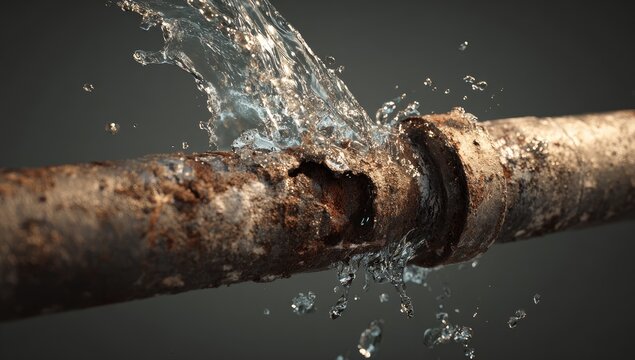 A damaged, rusty metal pipe is leaking water, creating a splash