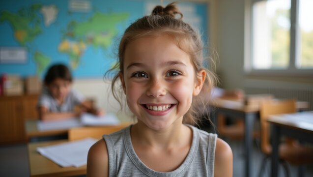 Young girl with brown hair wearing a gray tank top smiles at the camera in a classroom with a world map on the wall and desks in the background