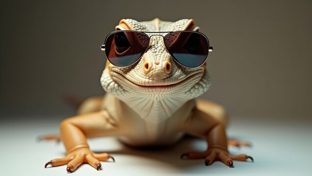 Lizard wearing sunglasses poses confidently on a smooth surface, showcasing its unique features and vibrant skin texture in a well-lit environment