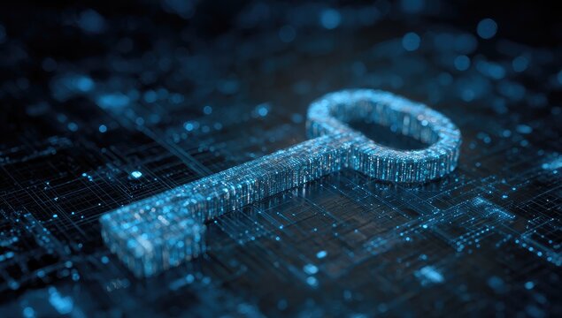 Digital key made of glowing data points unlocking a futuristic circuit board