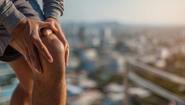 Person with knee pain, holding their injured knee, with a cityscape in the background