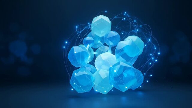 Glowing blue crystal spheres interconnected with luminous light trails forming a complex geometric scientific data structure